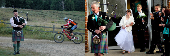 A man in a kilt is playing bagpipes next to a man riding a bike.