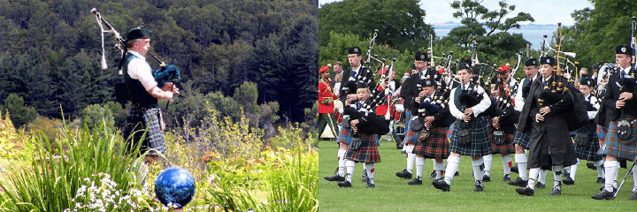 A man is playing a bagpipe next to a group of bagpipe players.