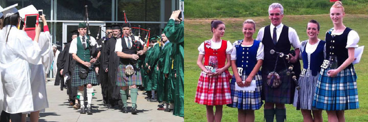 A group of people in kilts are standing next to each other