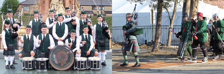 A group of people are standing next to each other and playing bagpipes.