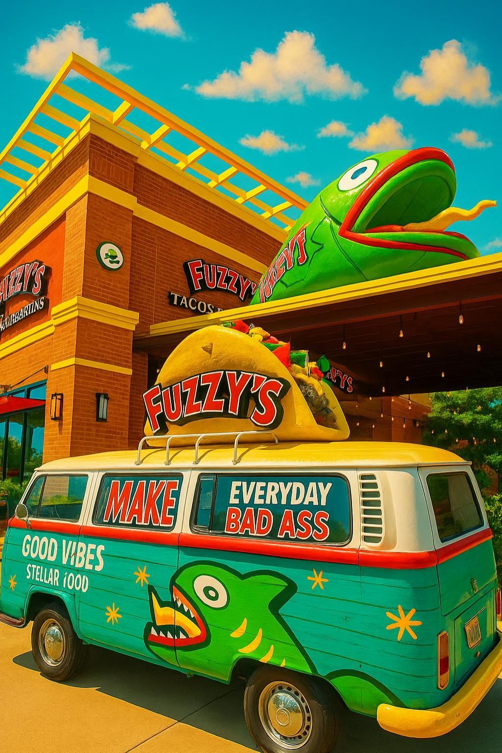 sunny view of giant taco on top of vintage van with 
