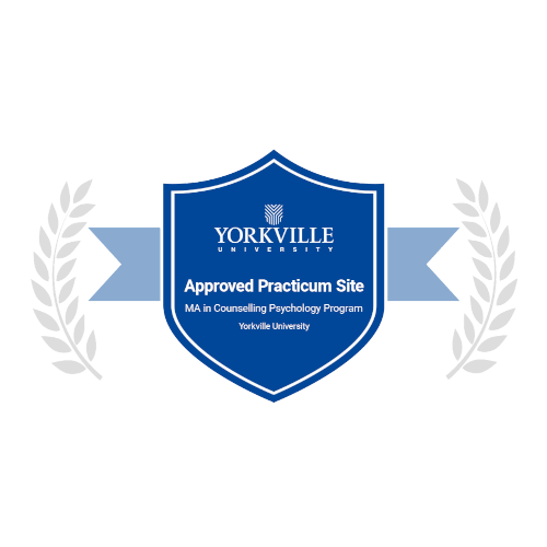 A blue shield with a ribbon and laurel wreath says yorkville approved practicum site