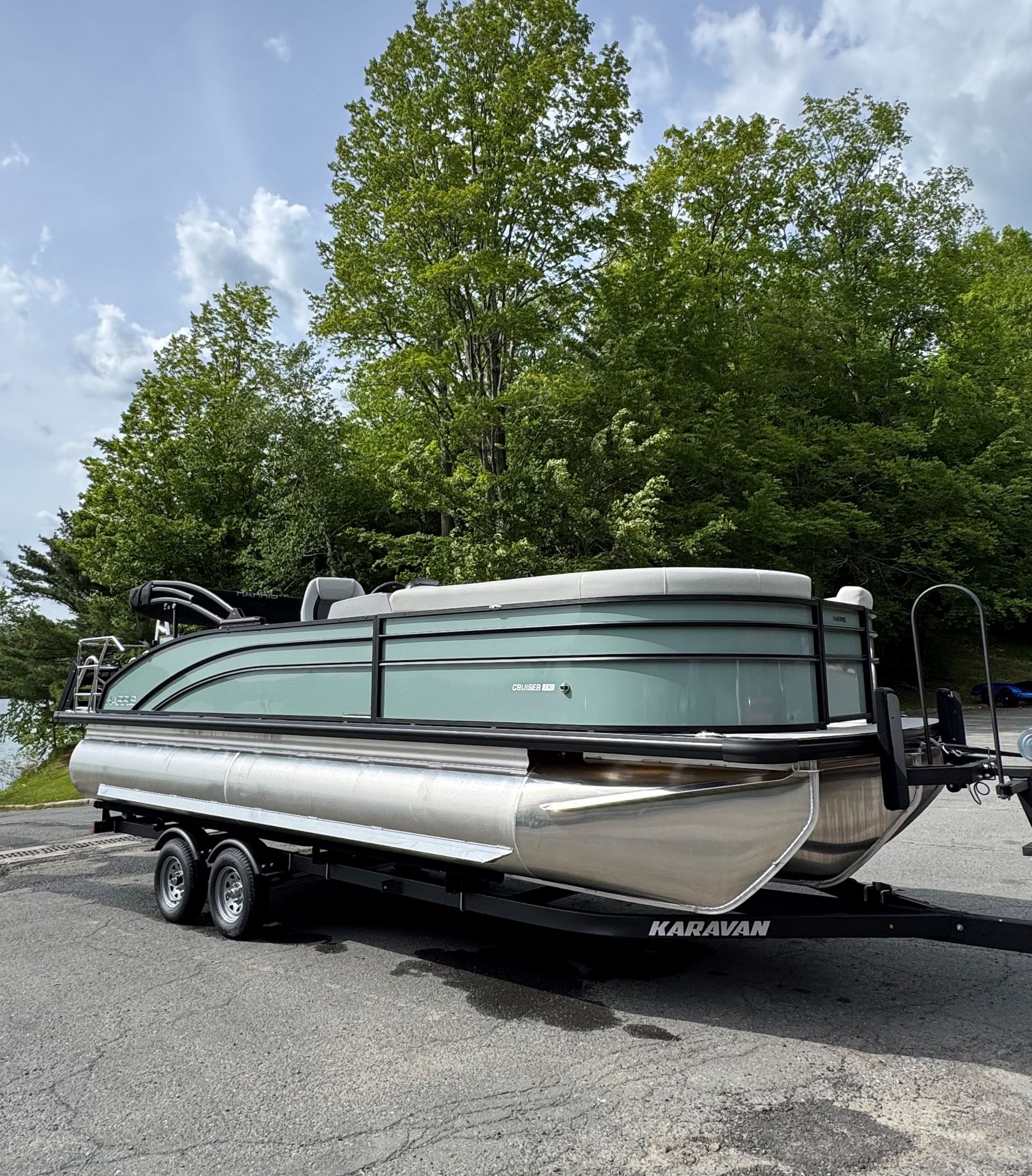A pontoon boat is parked on the shore of a lake