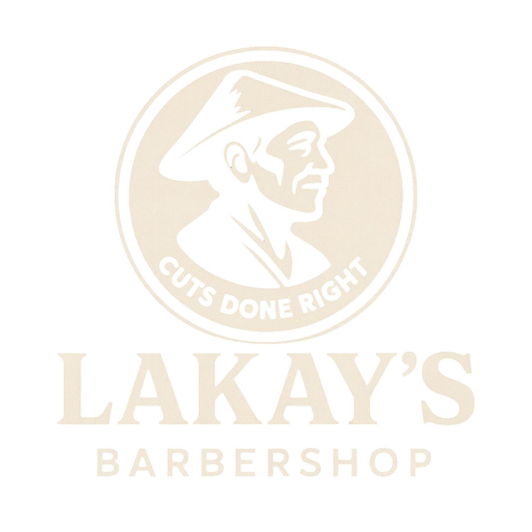 Logo for Lakay's Barbershop: Man in a hat, within a circle, text 