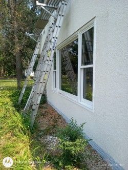 A ladder is sitting on the side of a house next to a window.