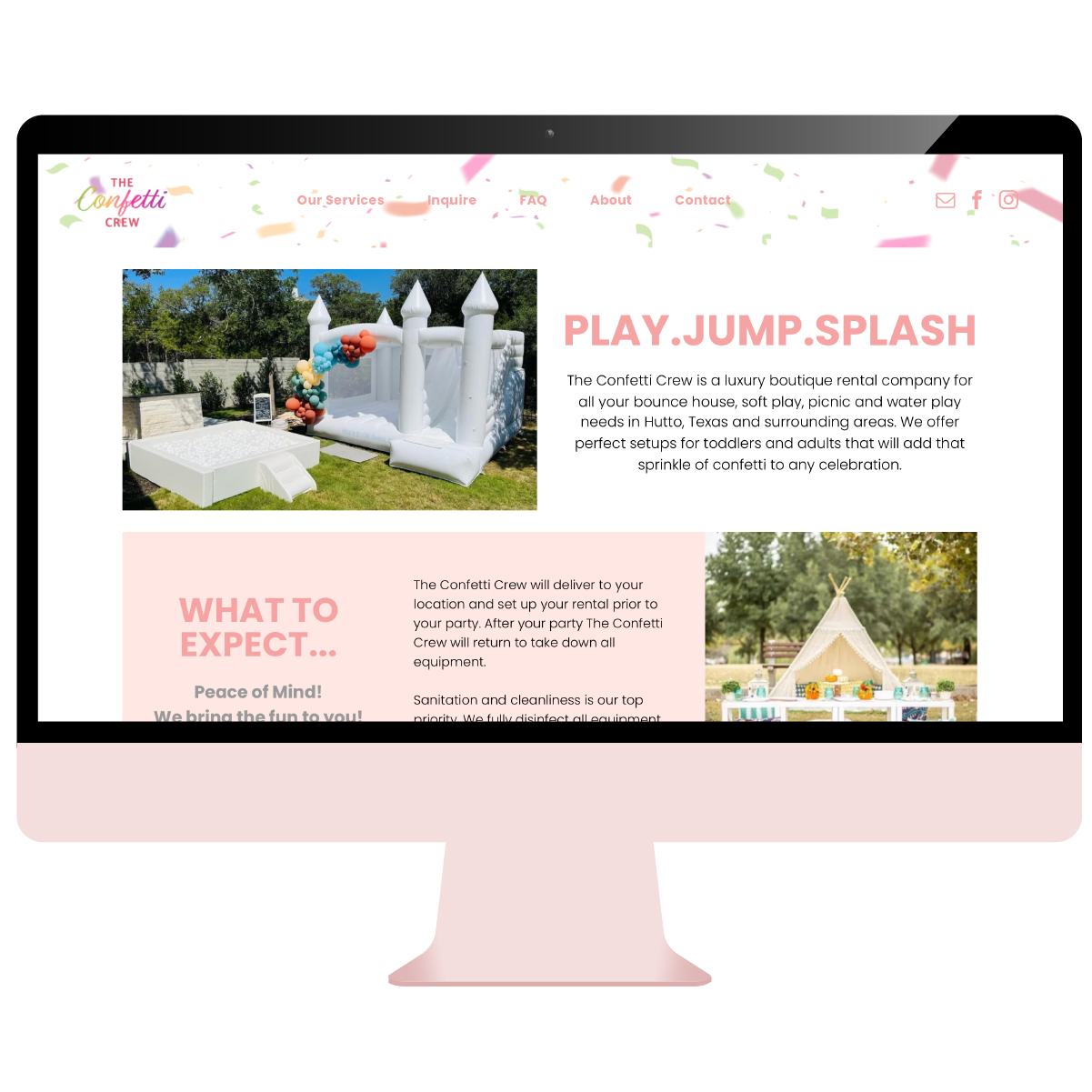 A computer monitor displaying a website for a company called play jump splash.