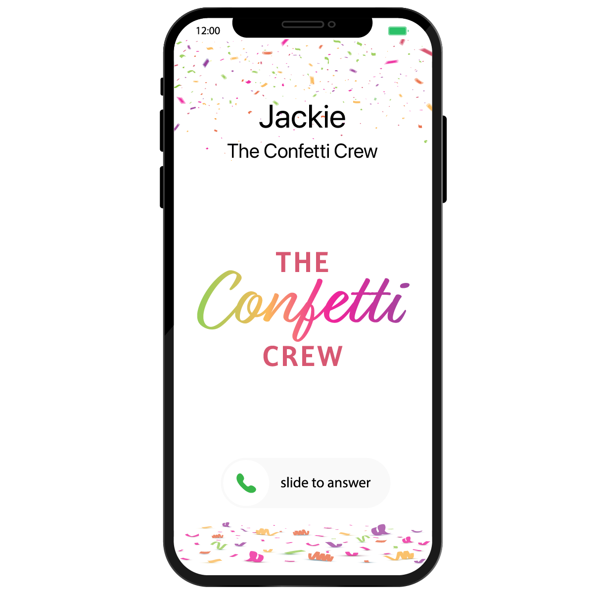 A cell phone with a confetti crew app on it.