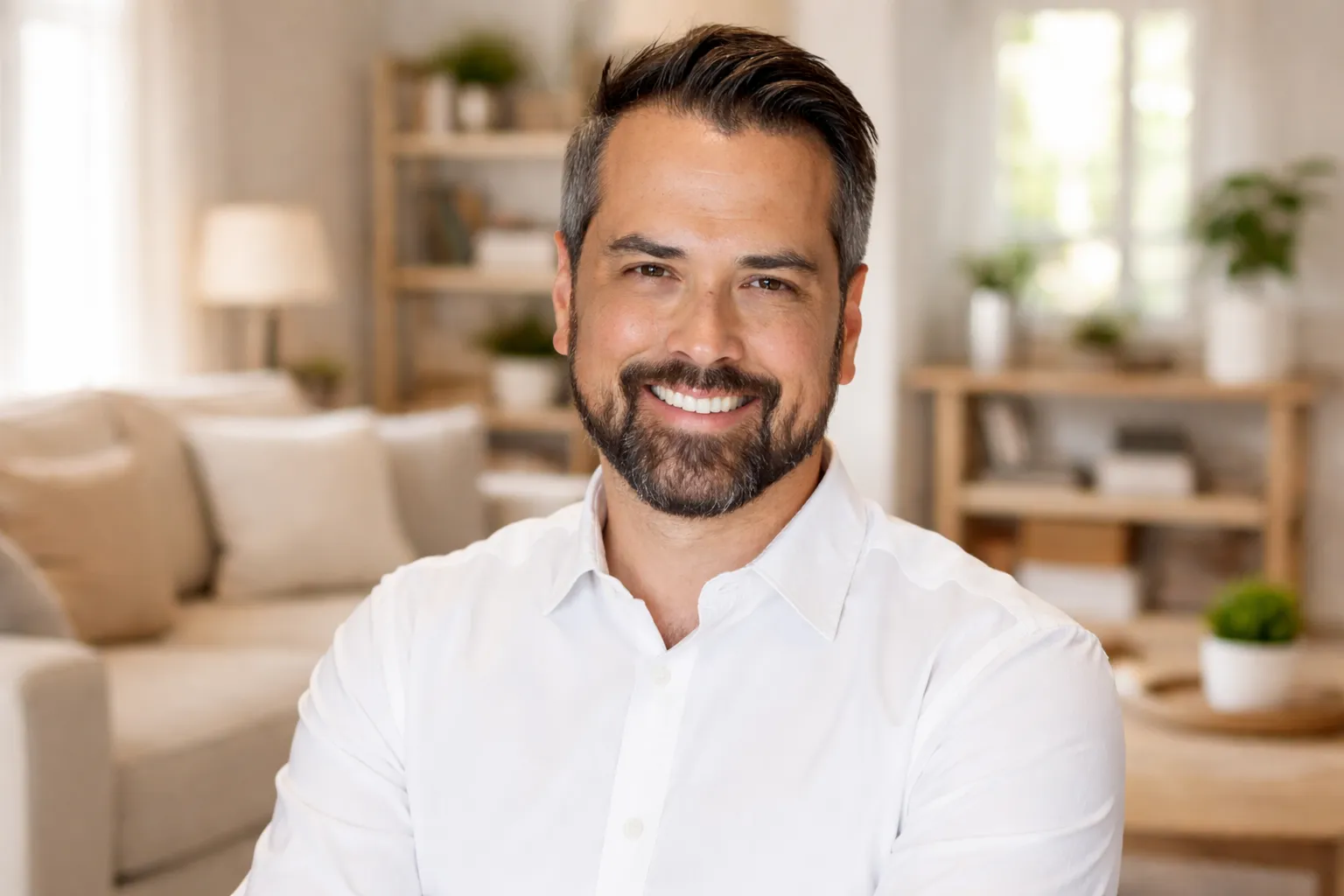 Del, wearing a white collared shirt, sits in a brightly lit, blurred living room setting.