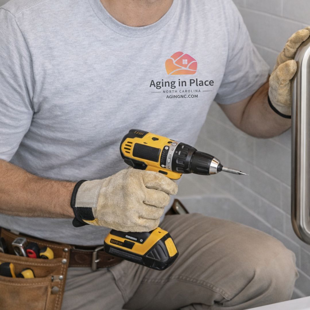 Aging in Place North Carolina worker using work gloves and a tool belt, using a yellow cordless drill to install hardware on a tiled wall.
