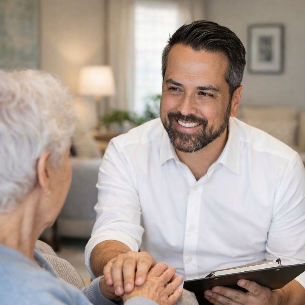 Aging in Place NC's CEO/Founder, Del Scheitler, holding an individual's hands in a consultation.