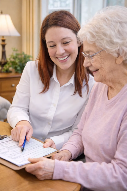 A smiling person in a white shirt points with a pen to a form held by a person in a lavender sweater.