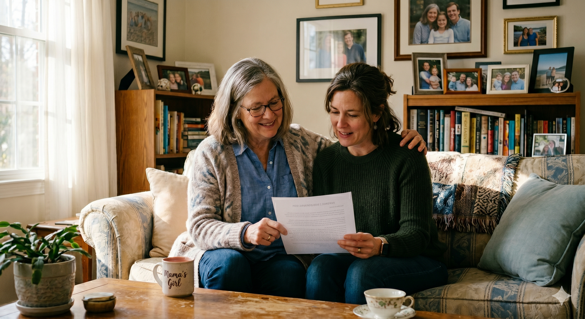 Two women sit on a couch reviewing a document together in a cozy living room.