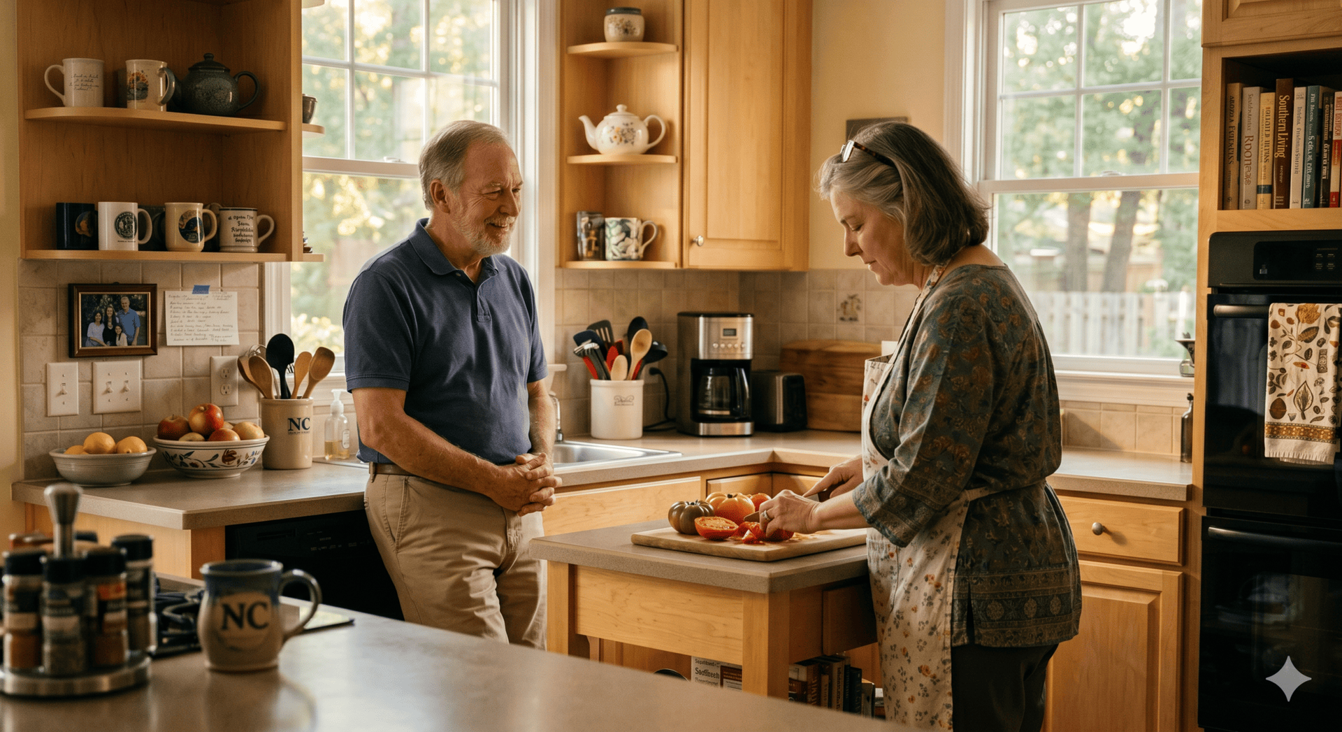 Two people talking in a sunlit kitchen, with one chopping vegetables at the counter.