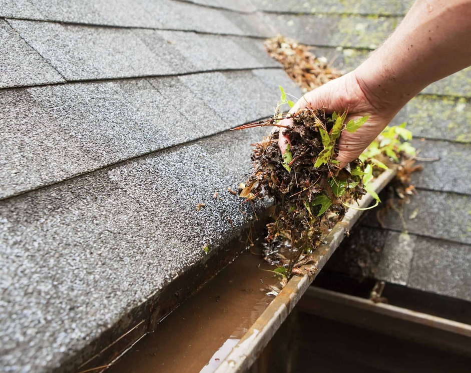 Hand clearing gutter in Richmond