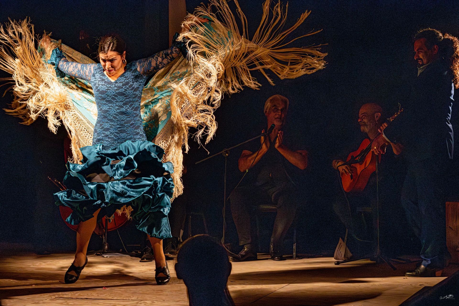 Flamenco dancer in turquoise dress with shawl, performing on stage with musicians.
