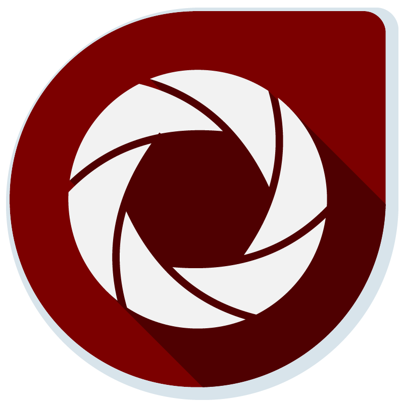 White camera aperture symbol on a maroon teardrop-shaped background with a shadow.