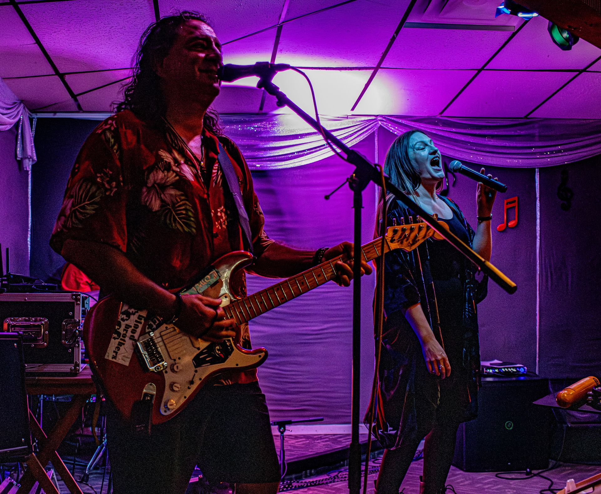 Band performing on stage under purple lights; guitarist on left, singer on right, both with microphones.