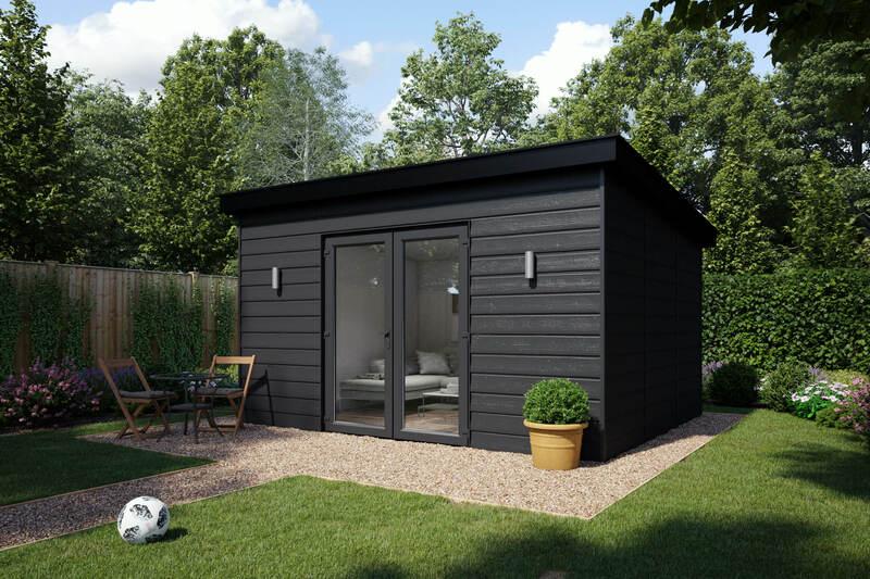 A black shed in a backyard with a soccer ball in front of it
