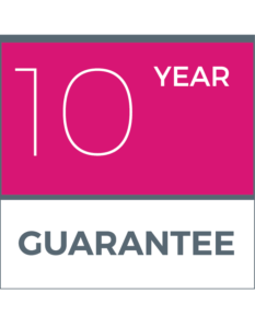 A pink sign that says 10 year guarantee on it