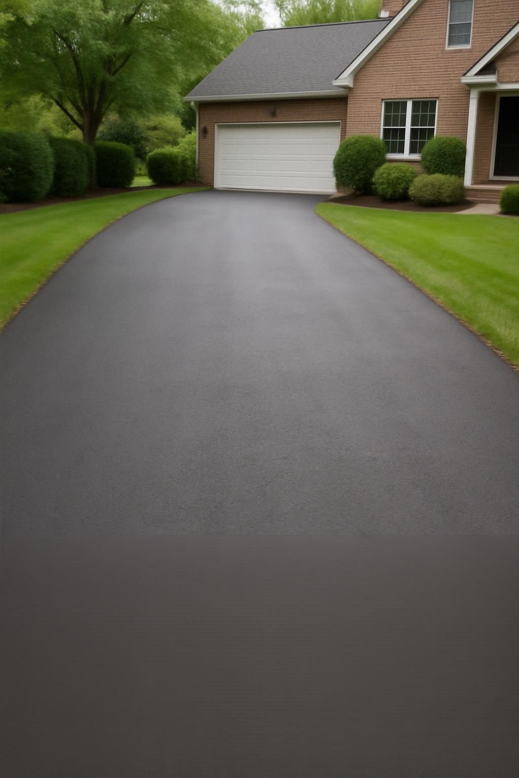 A driveway leading to a brick house with a white garage door.