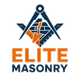 The logo for elite masonry has a masonic symbol on it.
