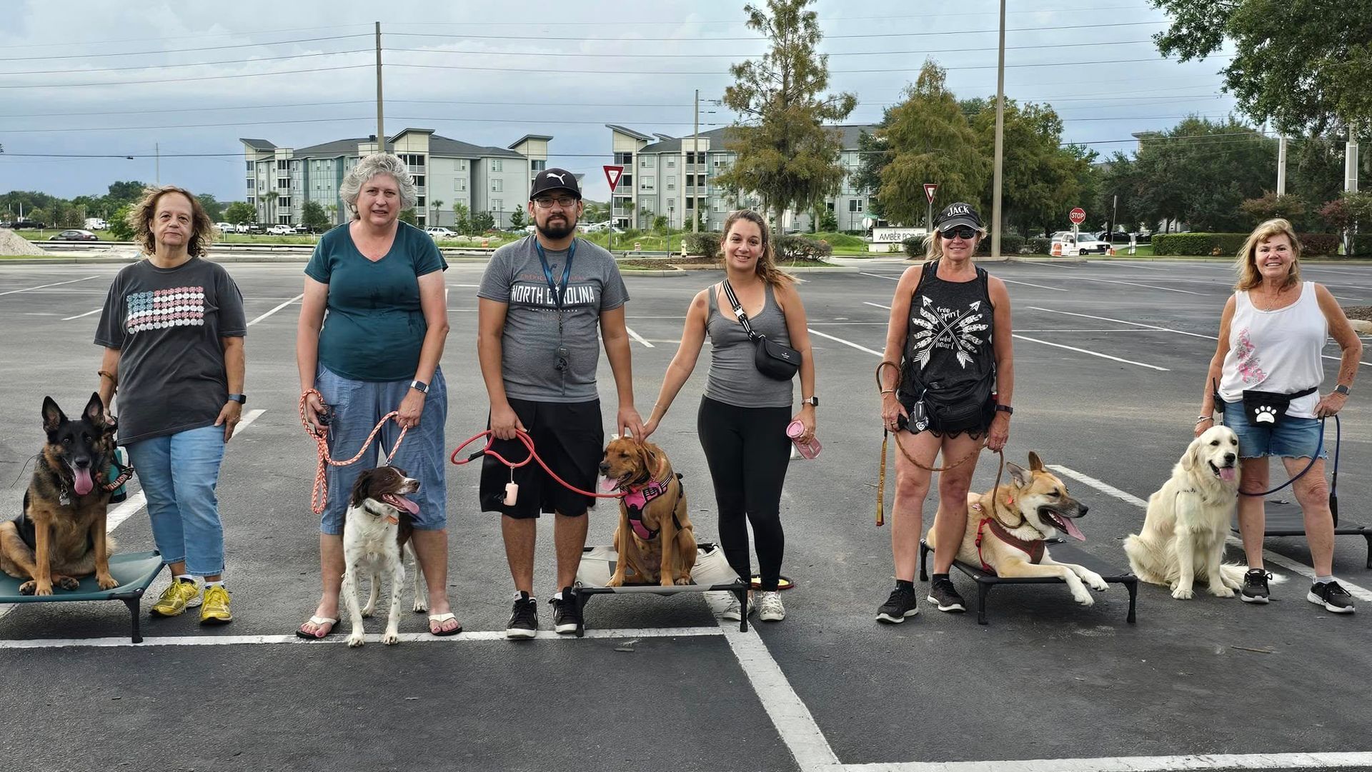 A group of people standing next to each other with their dogs in a parking lot.