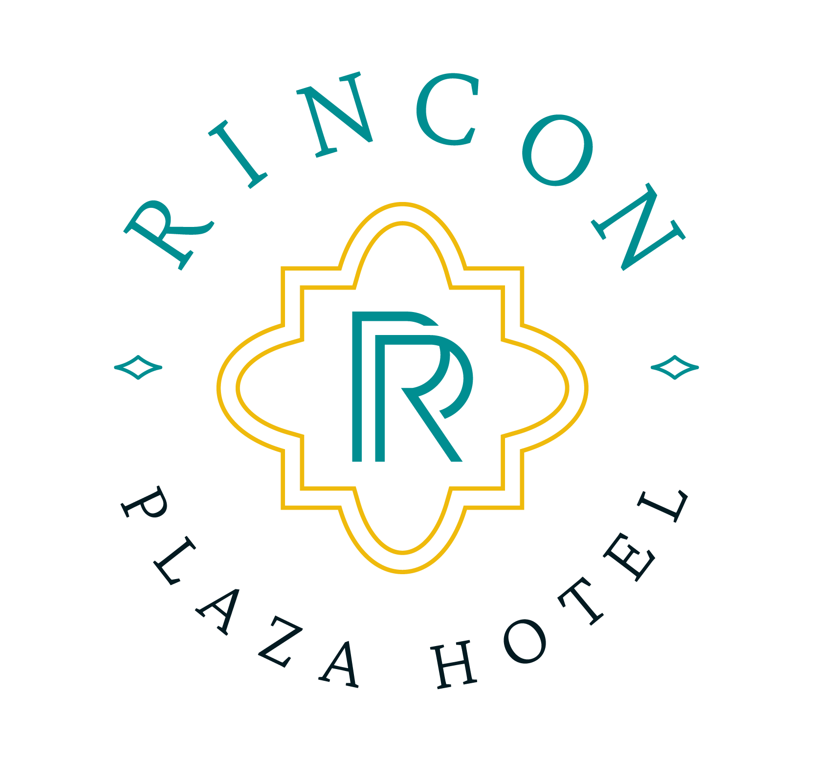 Logo for Rincon Plaza Hotel. Teal text and a central design with