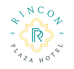 Logo for Rincon Plaza Hotel. Teal text and a central design with 