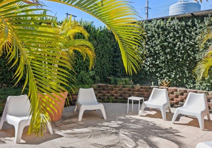 Four white chairs and small table on a patio shaded by palm fronds, with a greenery covered wall in the background.