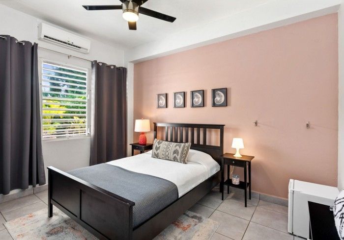Bedroom with a black bed, pink accent wall, and window with gray curtains.