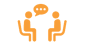 An icon of two orange figures  sitting at a table talking to each other .