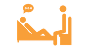 An icon of two orange figures  sitting and talking to each other .