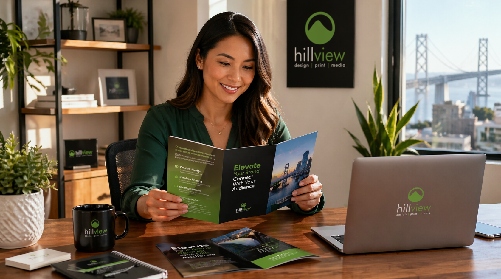 A confident Bay Area small business owner reviews a glossy trifold brochure at a modern desk.