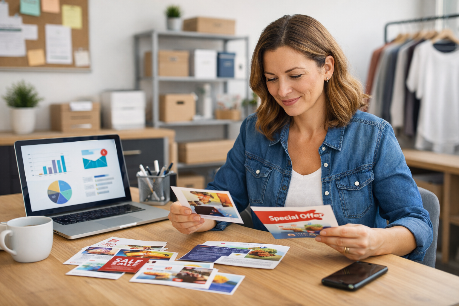 Business woman deciding on a print marketing strategy