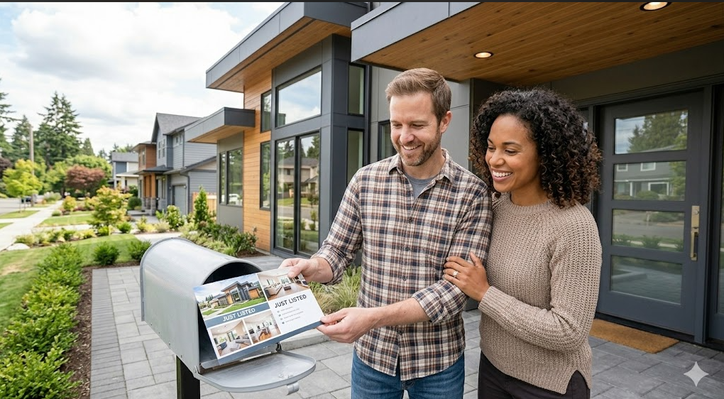 A millennial couple receiving print marketing from a real estate agent that is personal & memorable