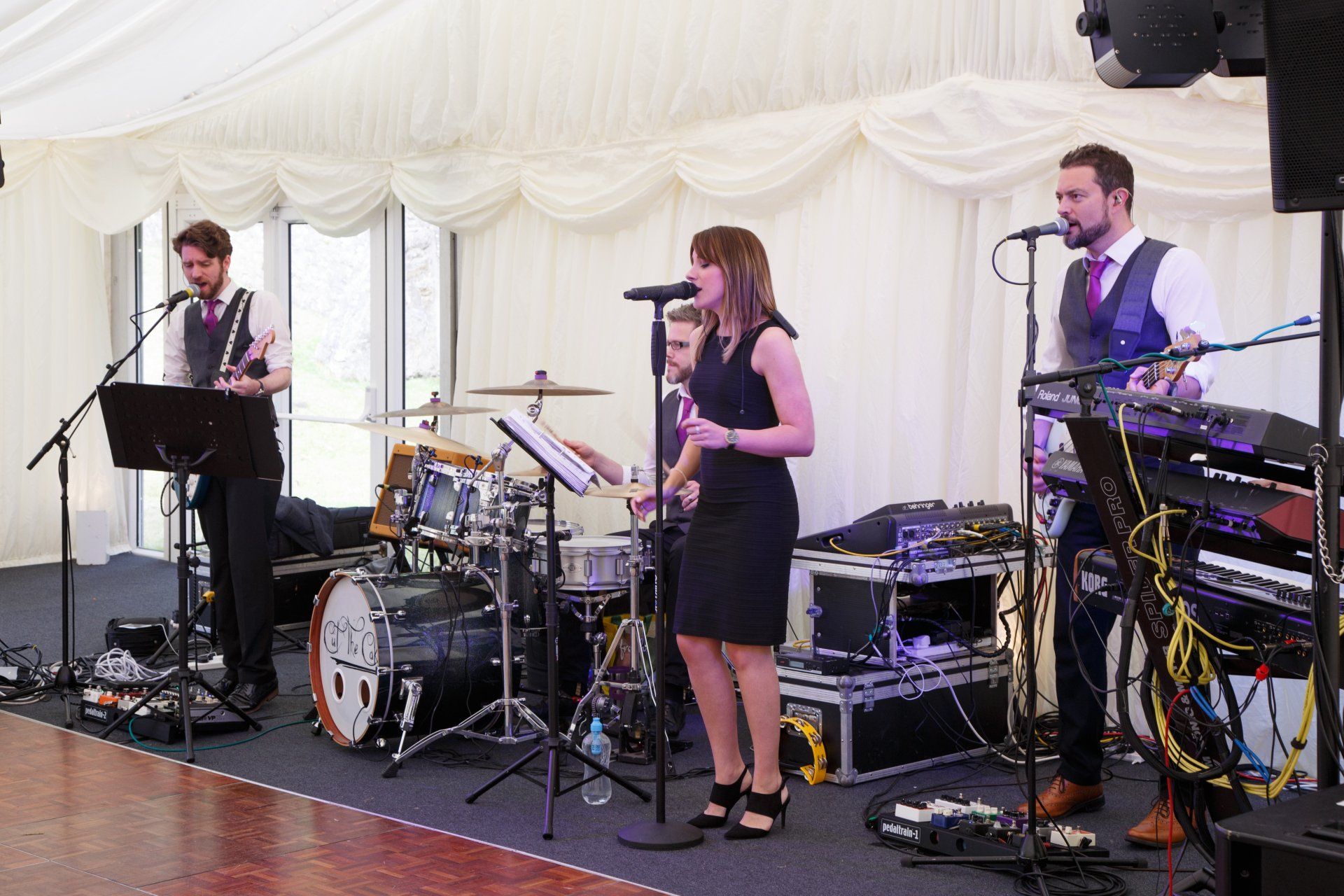 A group of people are playing instruments and singing into microphones