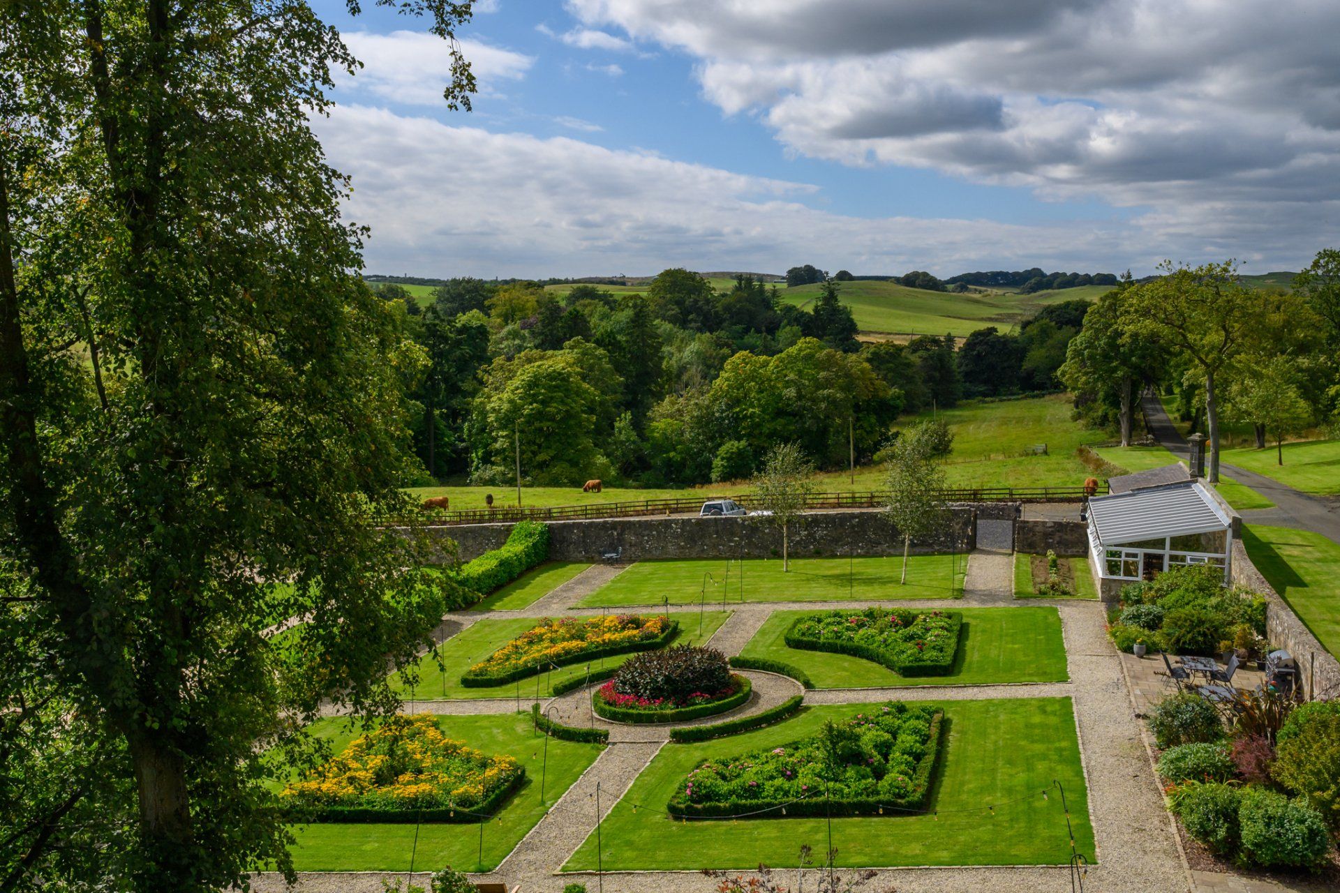An aerial view of a lush green garden