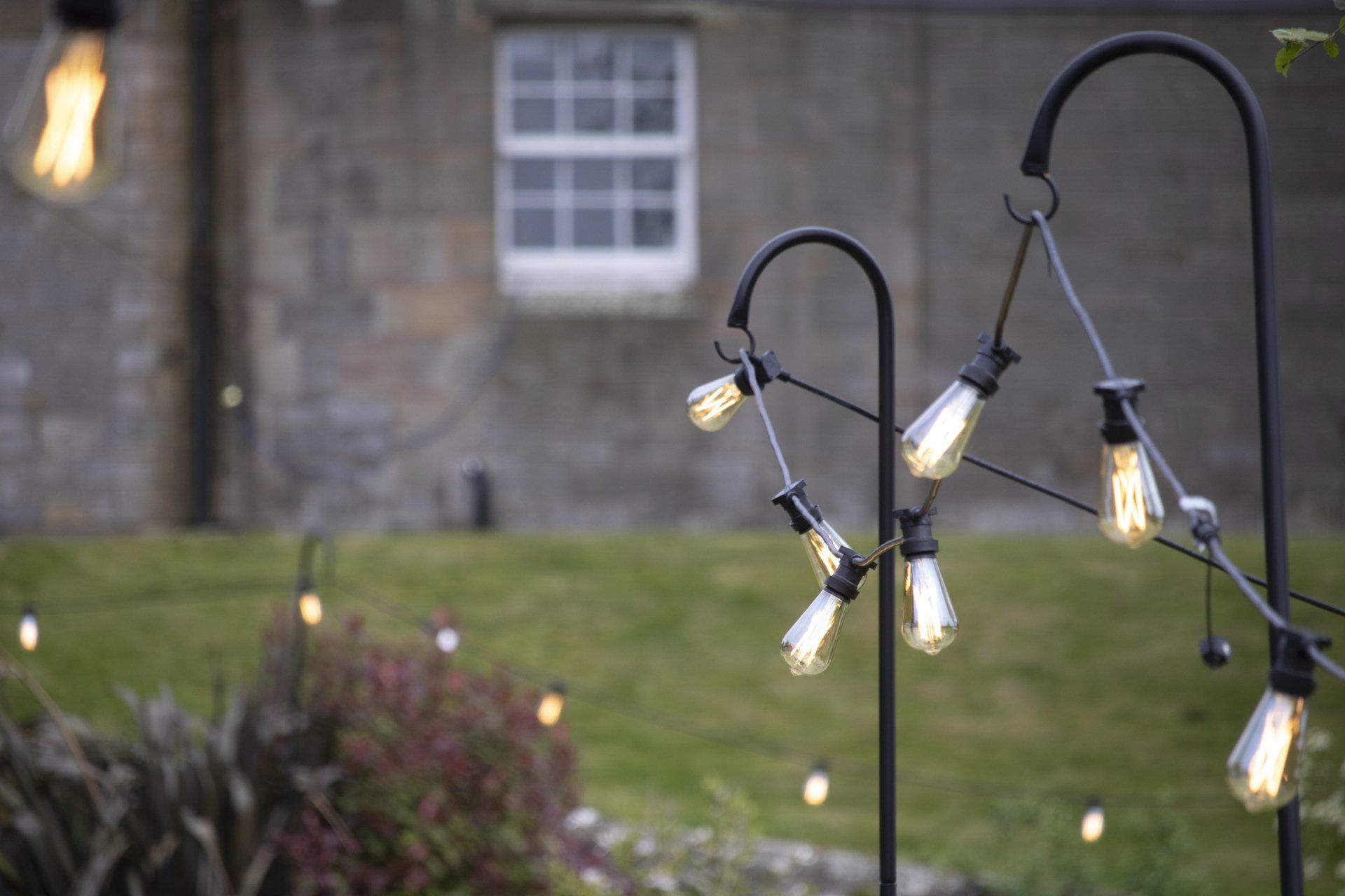 A string of lights hanging from a pole in a yard