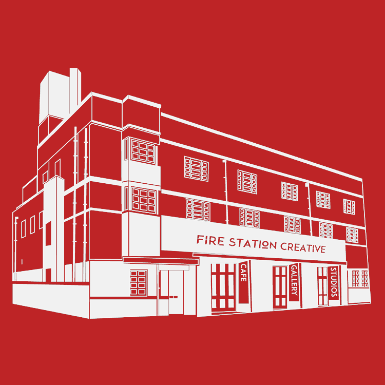 A red and white drawing of a fire station creative building
