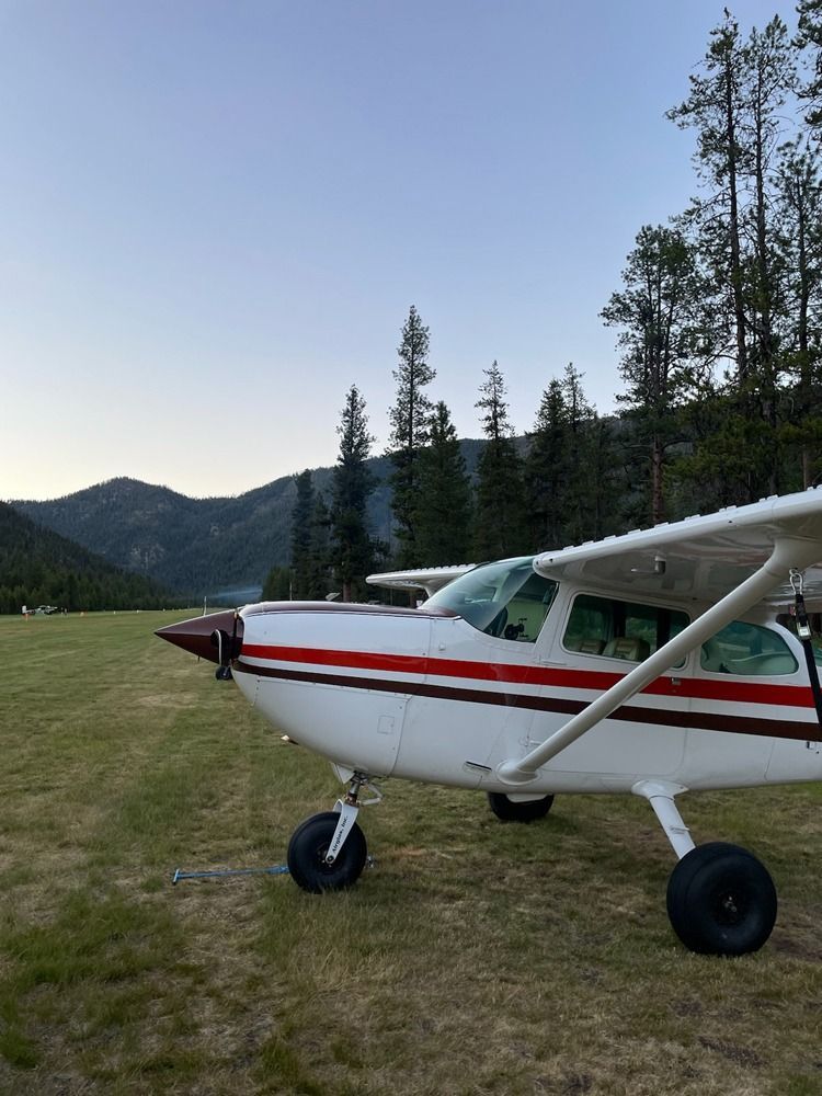 A small plane is parked in a grassy field with mountains in the background.