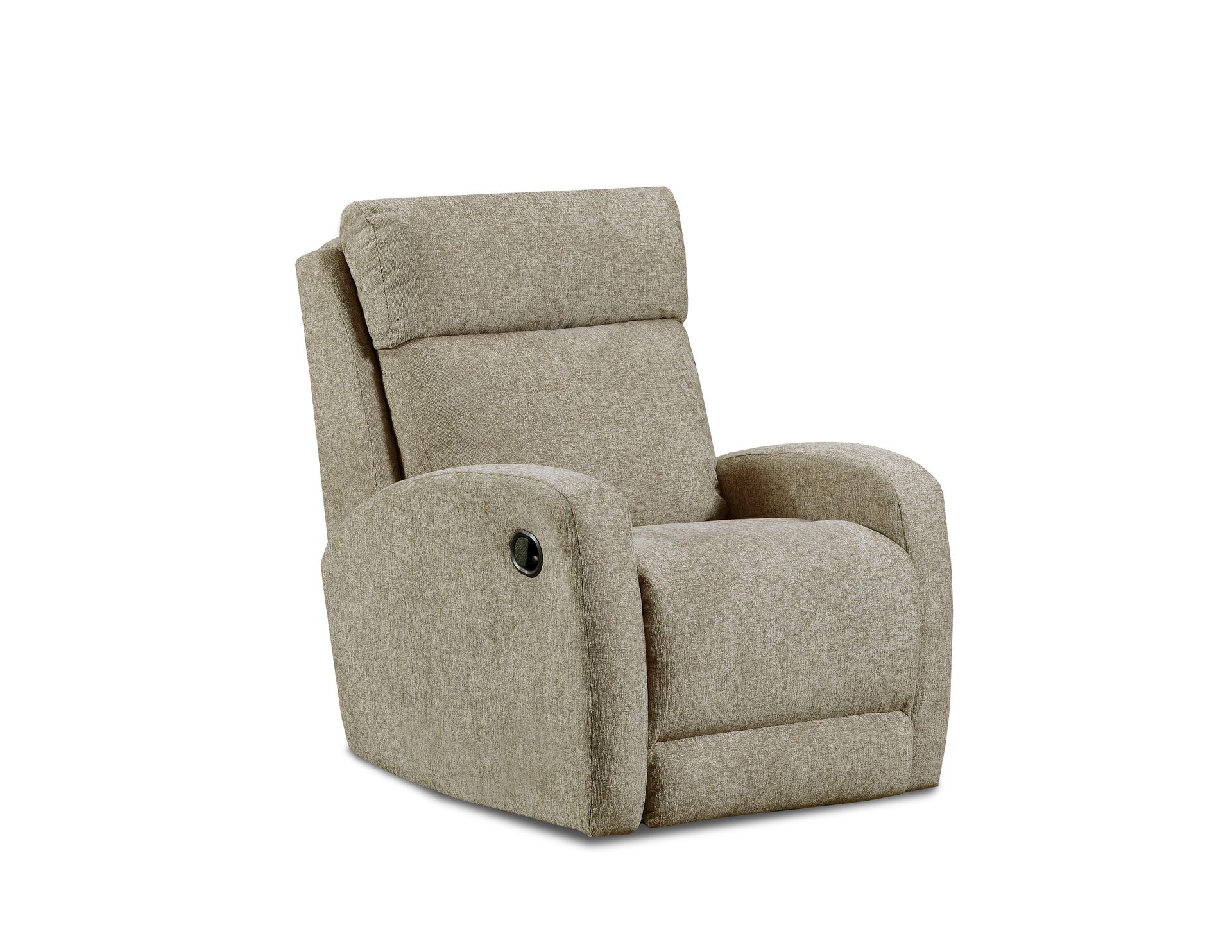 A beige, textured fabric recliner chair with a manual side lever, isolated on a white background.
