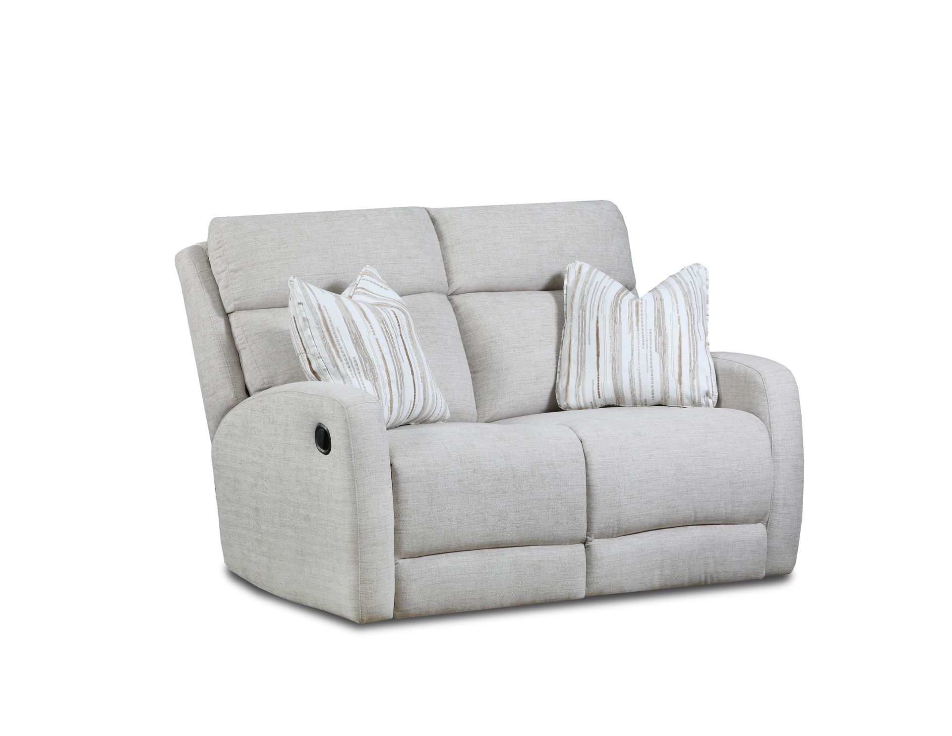 A light gray, two-seat reclining loveseat with two decorative striped throw pillows, set against a white background.