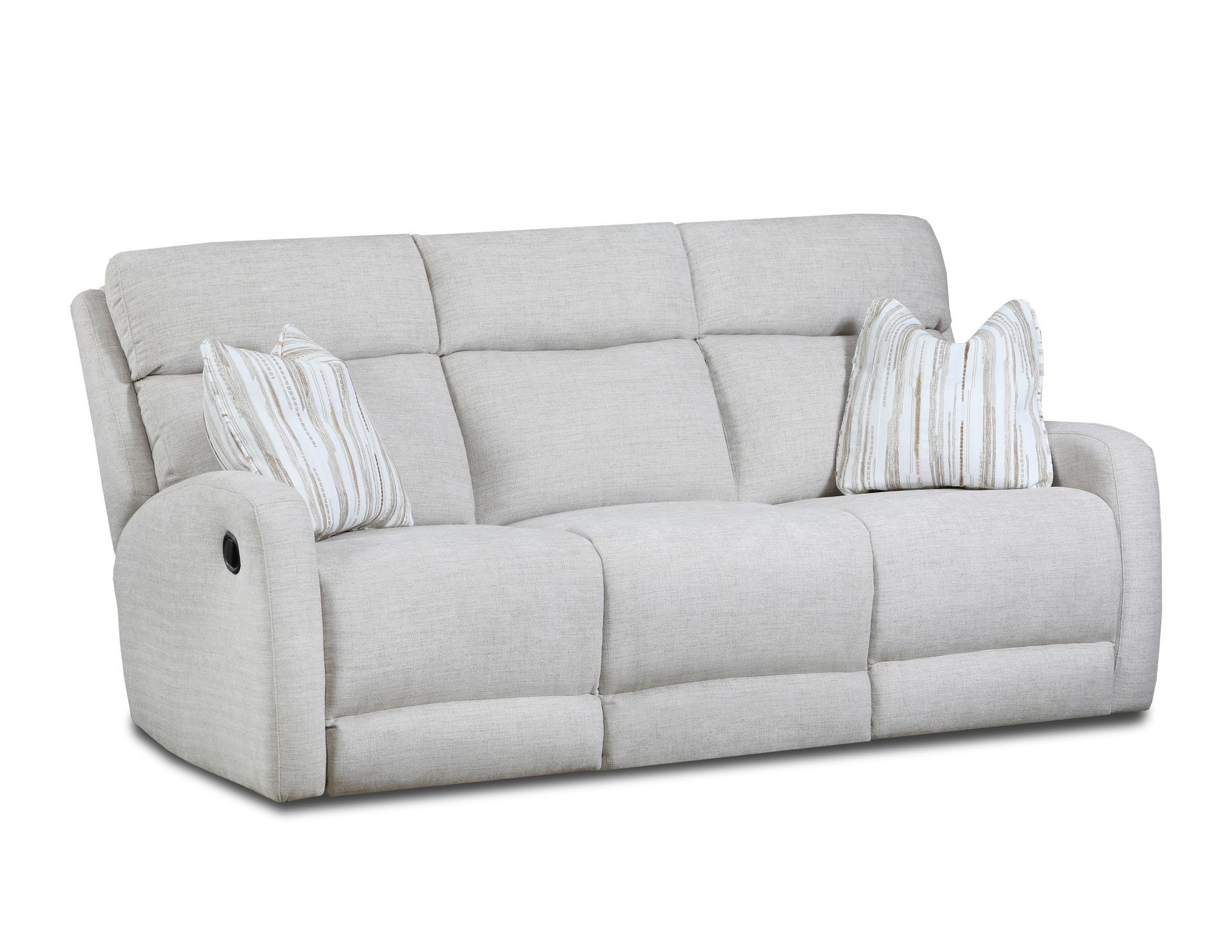 A light gray fabric three-seat reclining sofa with two patterned decorative throw pillows on a white background.