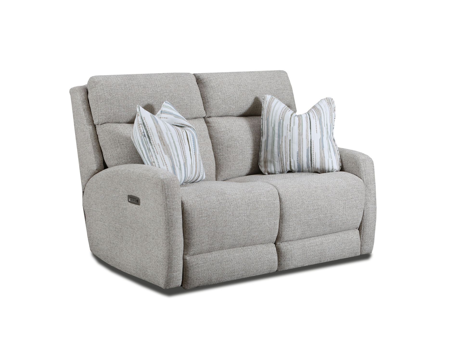 A light gray fabric double-seat reclining loveseat with two decorative striped throw pillows against a white background.