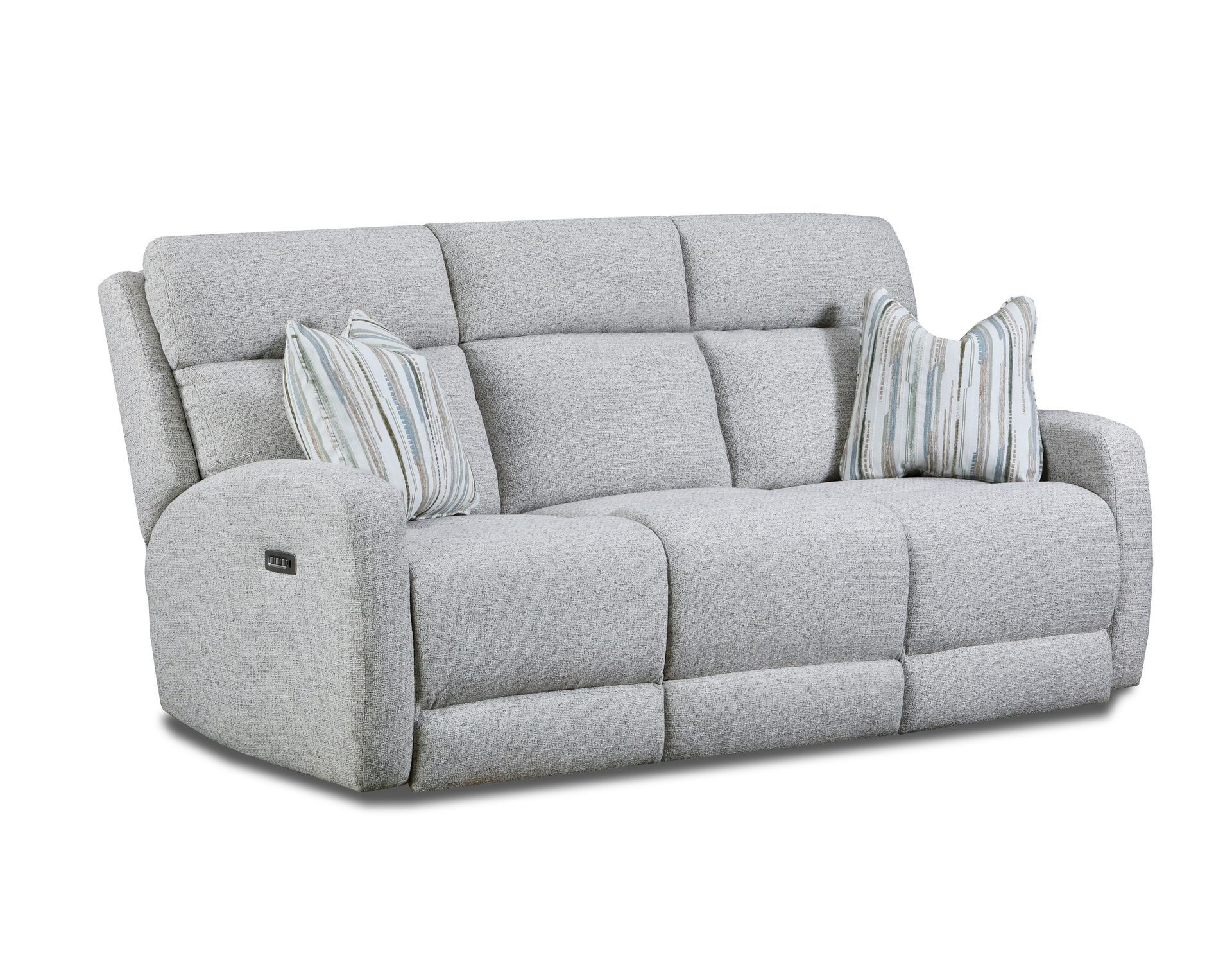 A light gray, three-seat reclining sofa with textured fabric and two striped accent pillows against a white background.
