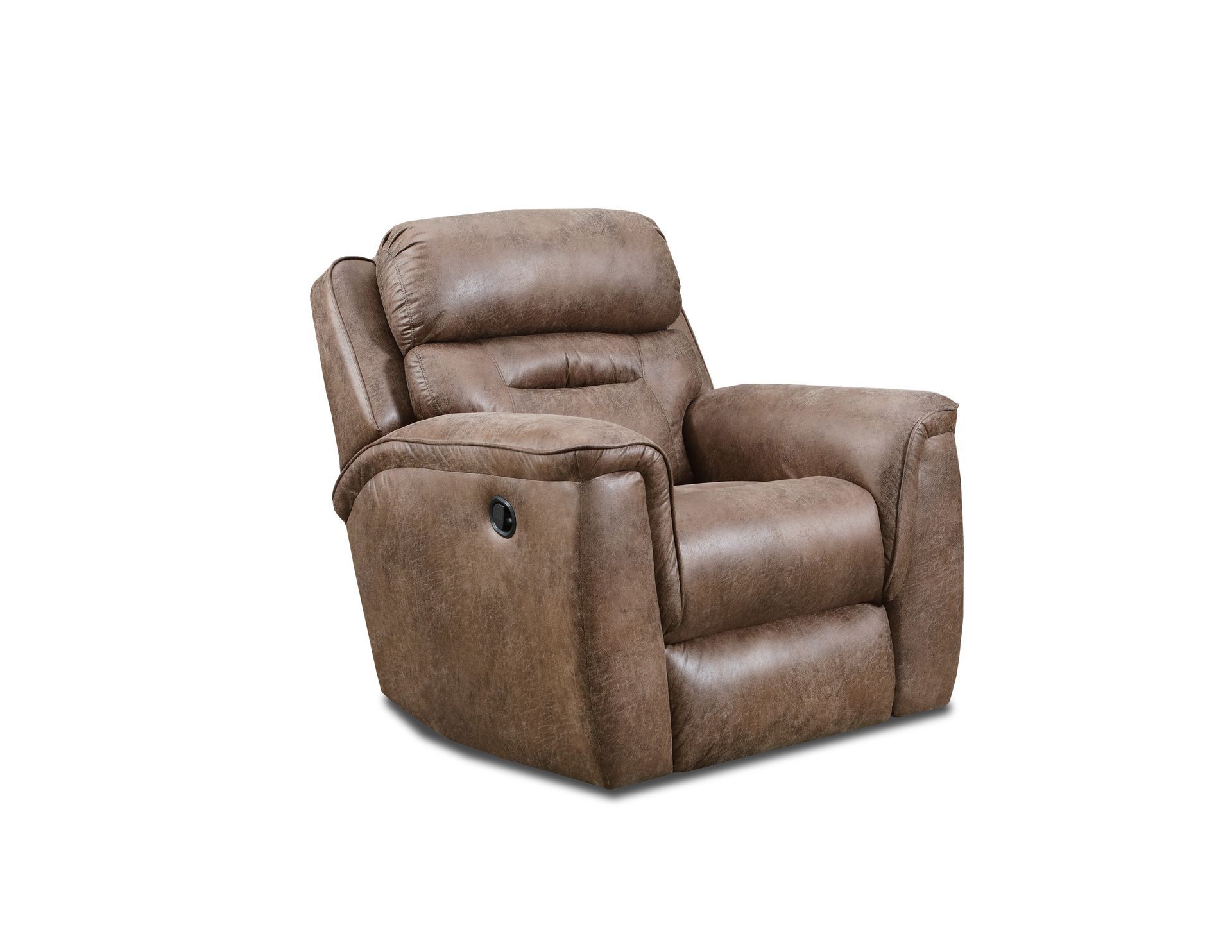 A brown, plush upholstered recliner armchair against a white background.