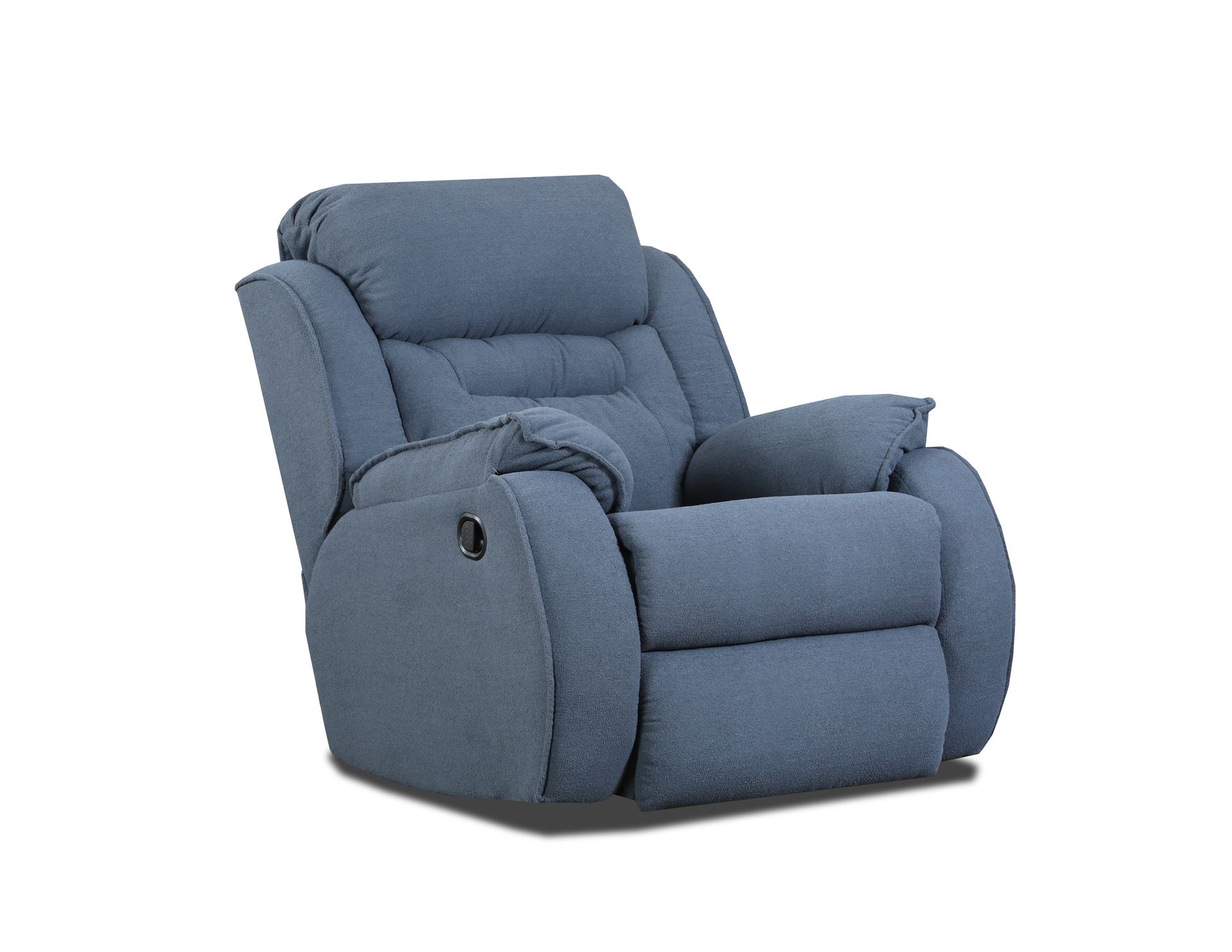 A blue fabric recliner chair in a traditional, plush style against a white background.
