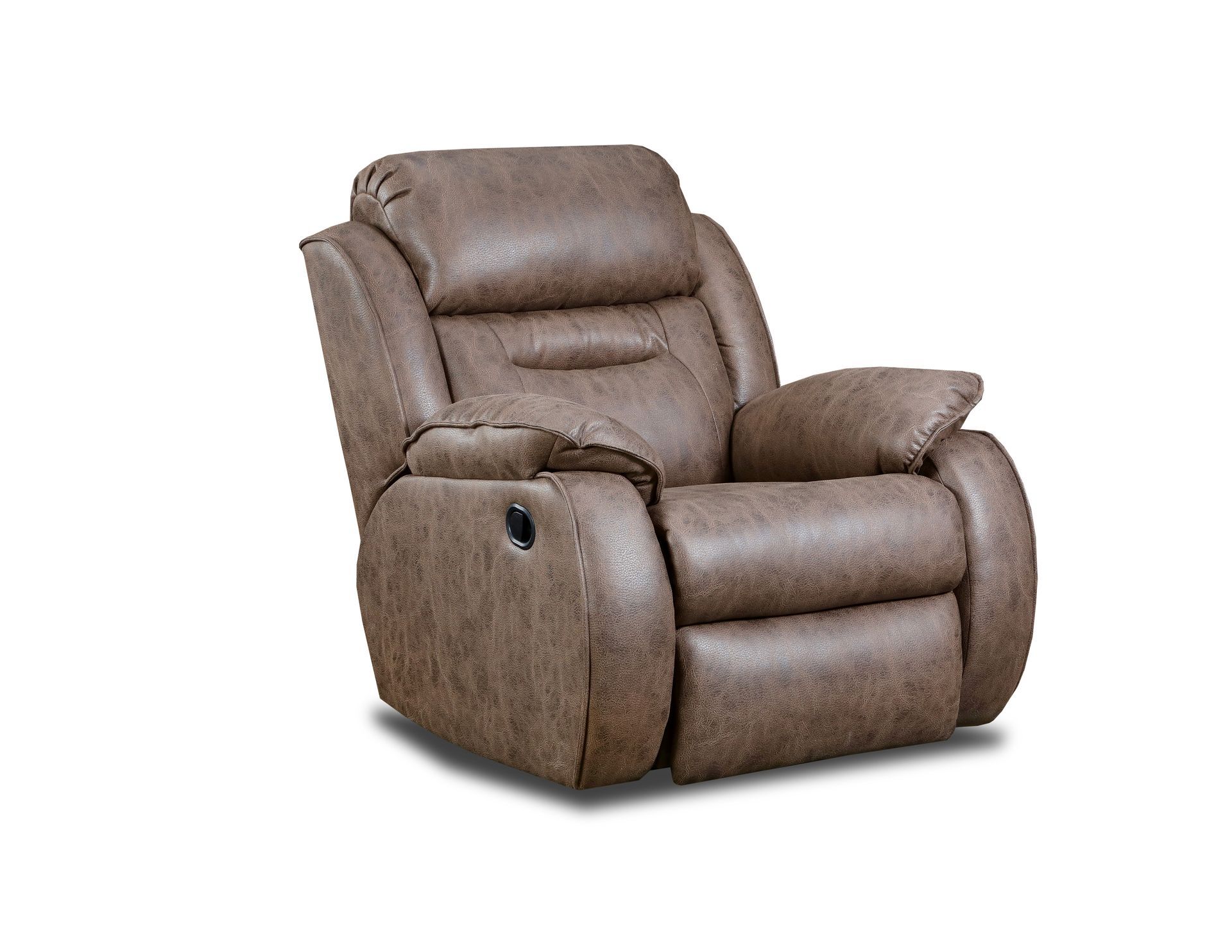 A brown, upholstered reclining armchair with plush headrest and armrests isolated on a white background.