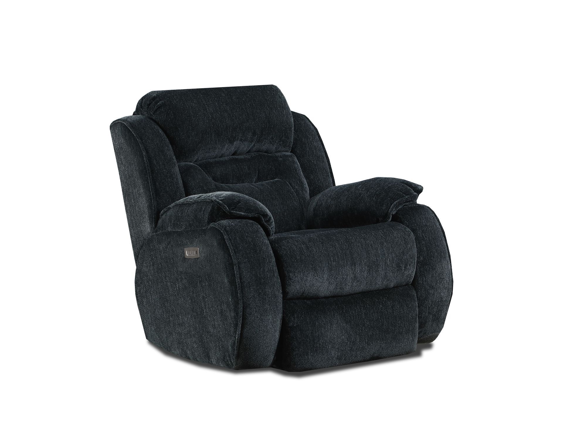 A dark grey, overstuffed fabric recliner armchair with plush padding on a white background.