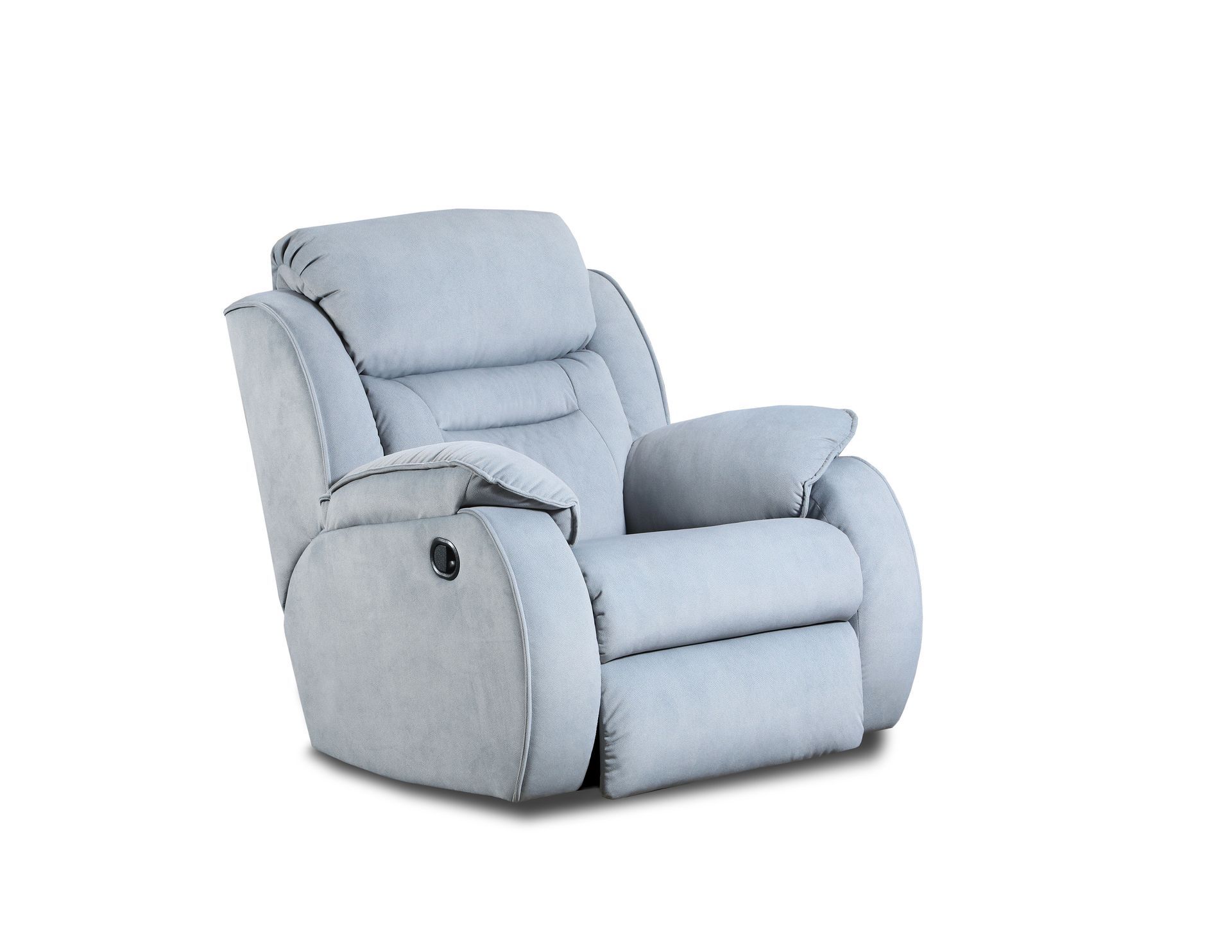 A light blue fabric recliner chair with padded arms, shown on a white background.